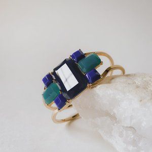 Blue Faceted Baguette Rhinestone Modern Cluster Gold Hinge Clamp Cuff Bracelet